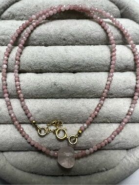 Delicate Pink Opal Beaded Necklace with Faceted Rose Quartz Pendant